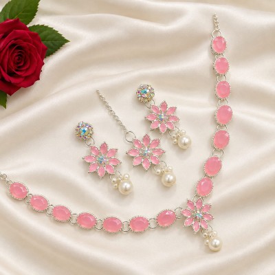 Premium Soft Pink Stone and Pearl Jewelry Set (Complete Set: Necklace, Earrings & Tikka)